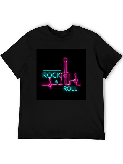 Rock & Roll Guitar Neon Graphic Black T-Shirt