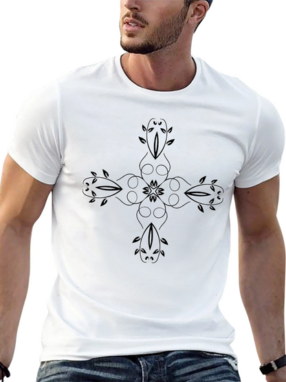 Mens Black T-Shirt with Floral Cross Design
