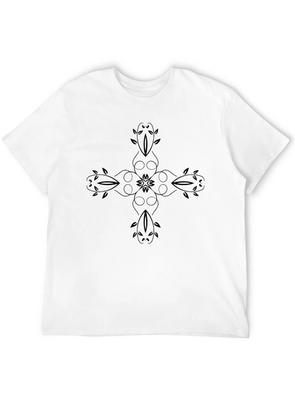 Mens Black T-Shirt with Floral Cross Design
