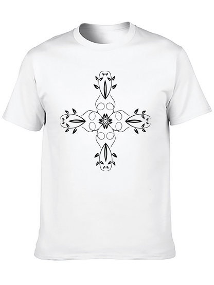Mens Black T-Shirt with Floral Cross Design