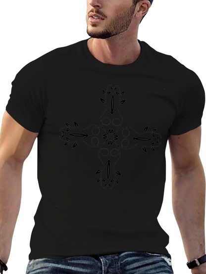 Mens Black T-Shirt with Floral Cross Design