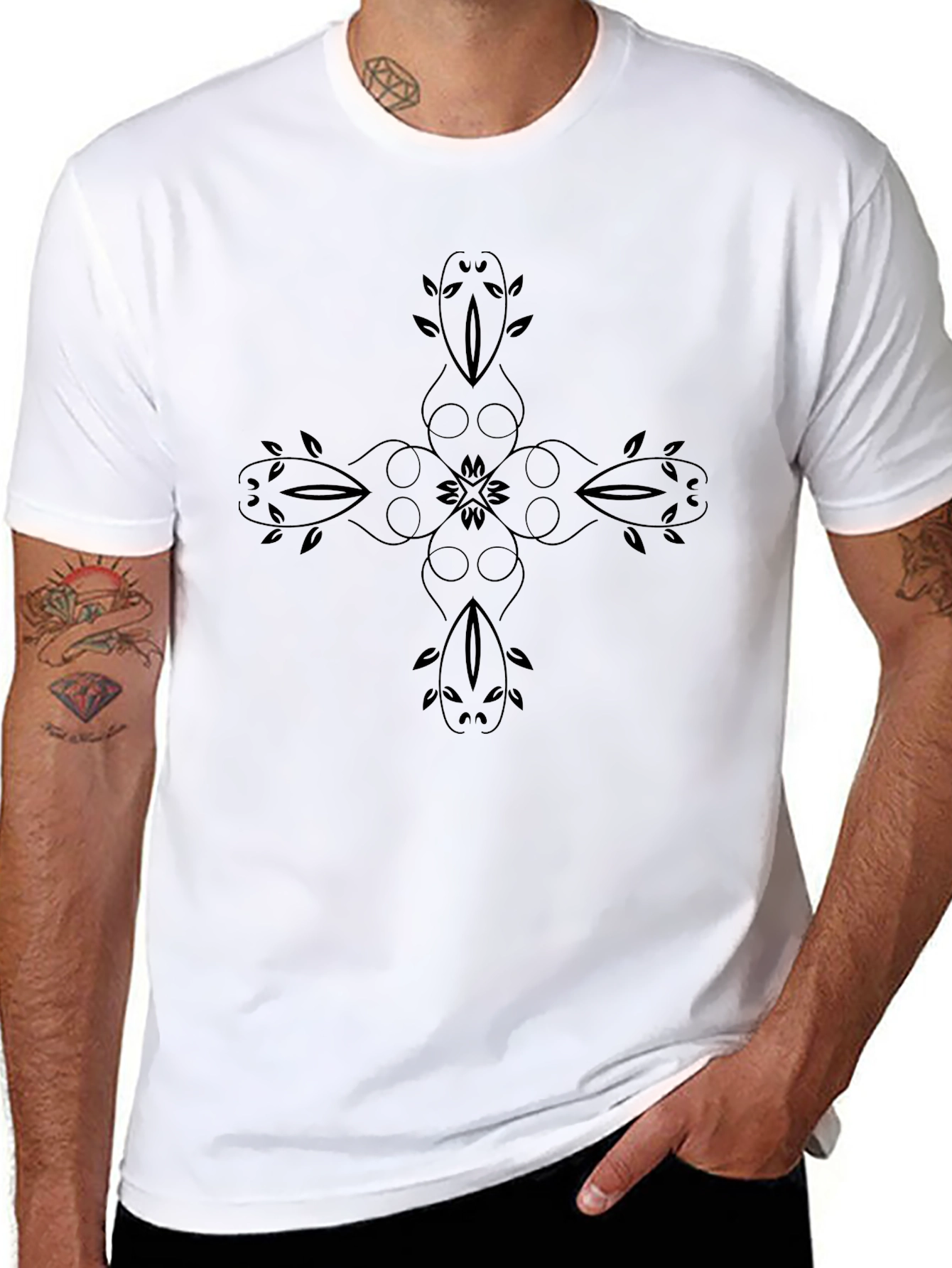 Mens Black T-Shirt with Floral Cross Design