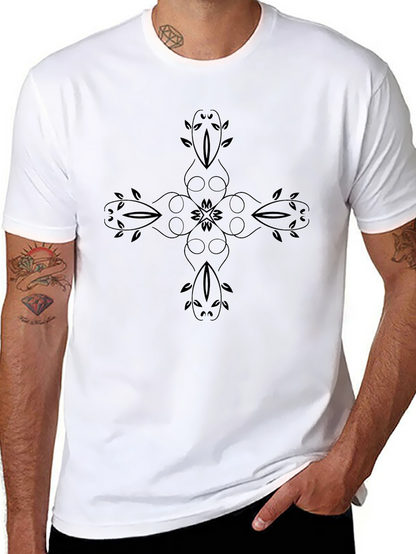 Mens Black T-Shirt with Floral Cross Design