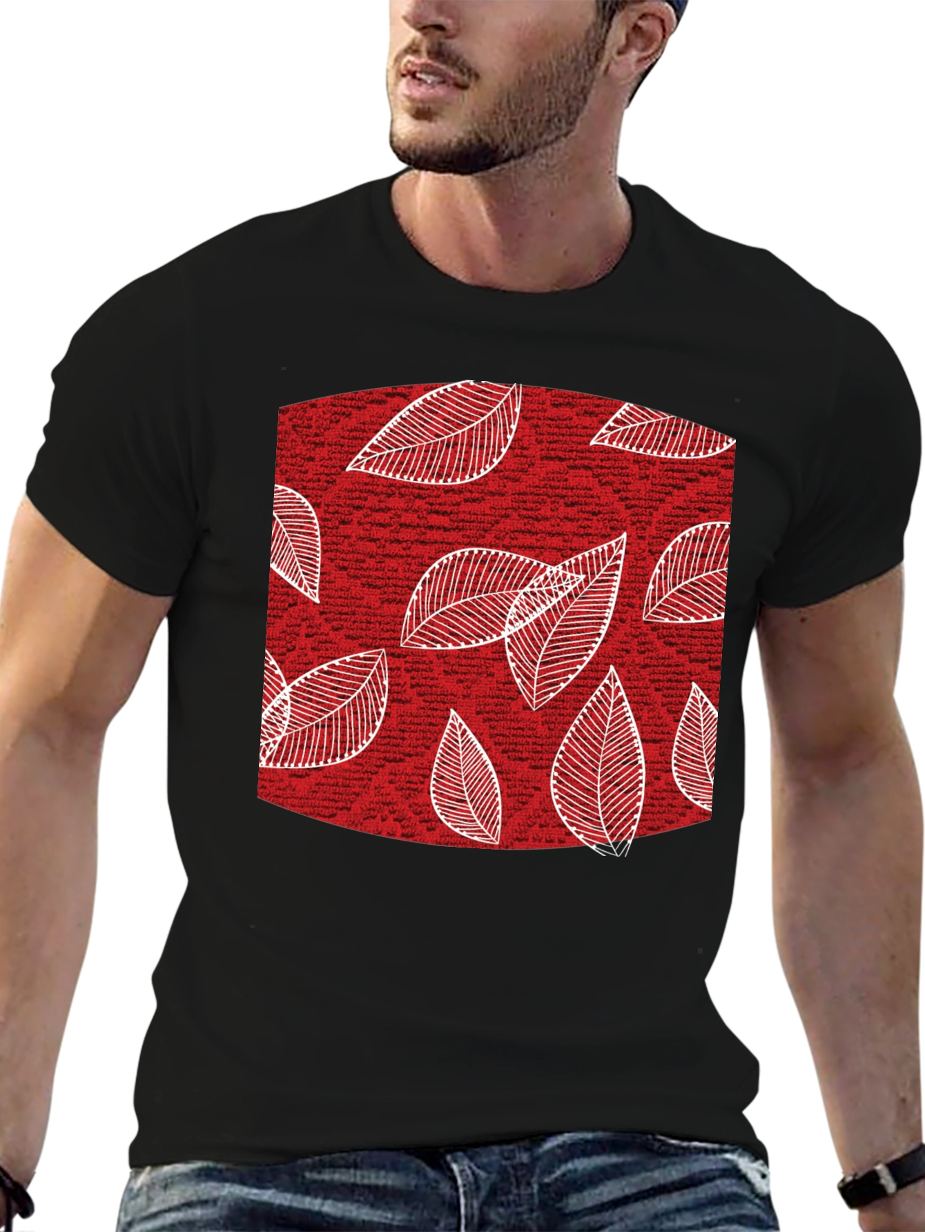Leaf Pattern Tee - Stylish Mens Black Cotton T-Shirt