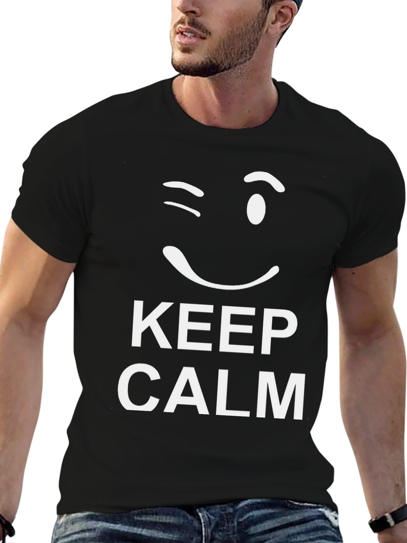 Keep Calm Wink Graphic Tee - Black Cotton T-Shirt