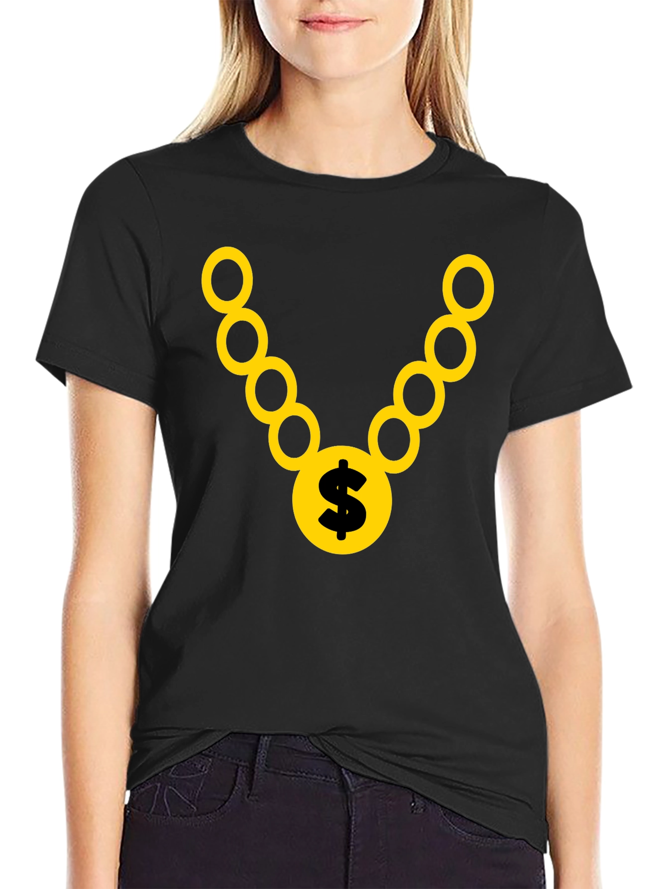 Black T-Shirt with Gold Chain and Dollar Sign