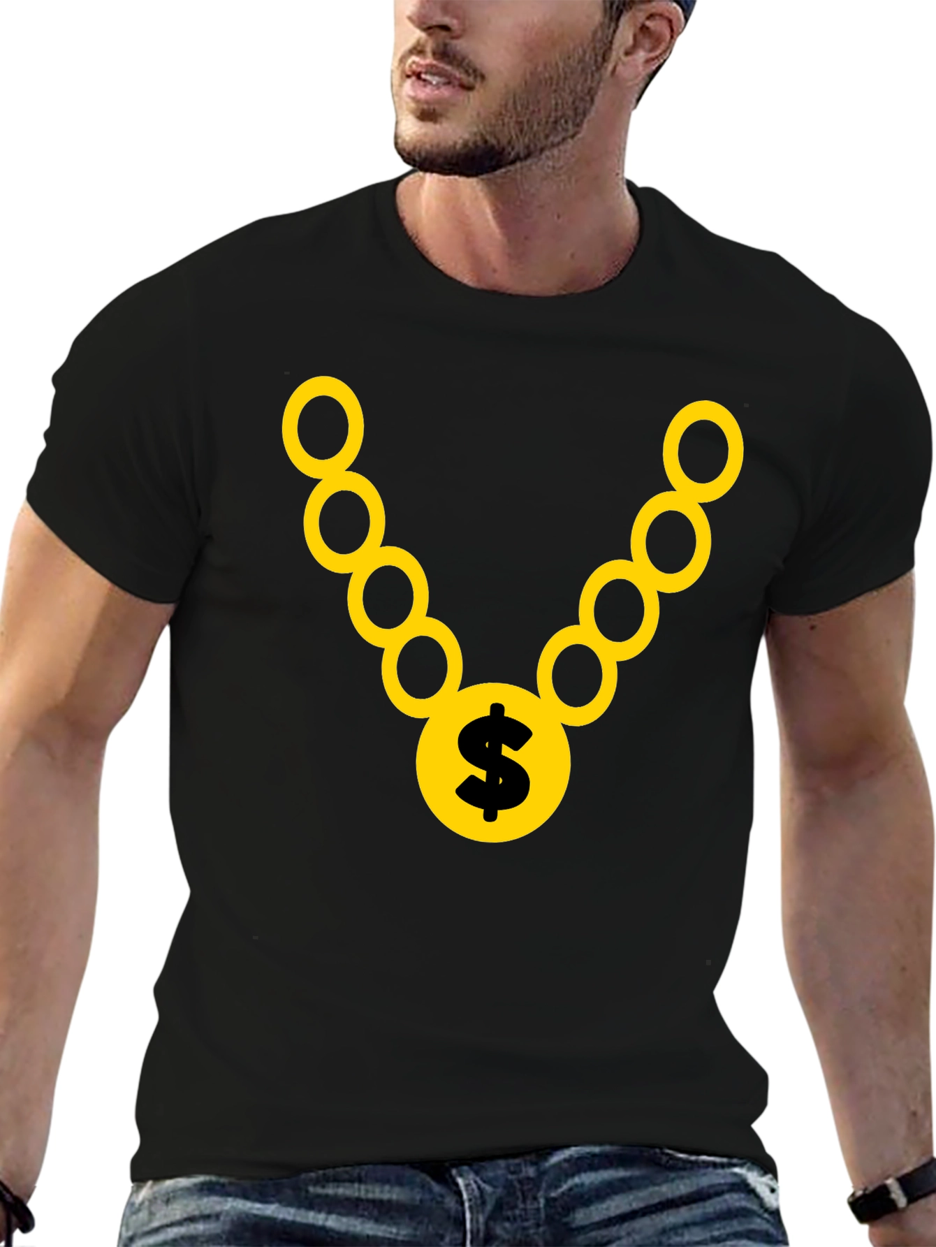 Black T-Shirt with Gold Chain and Dollar Sign