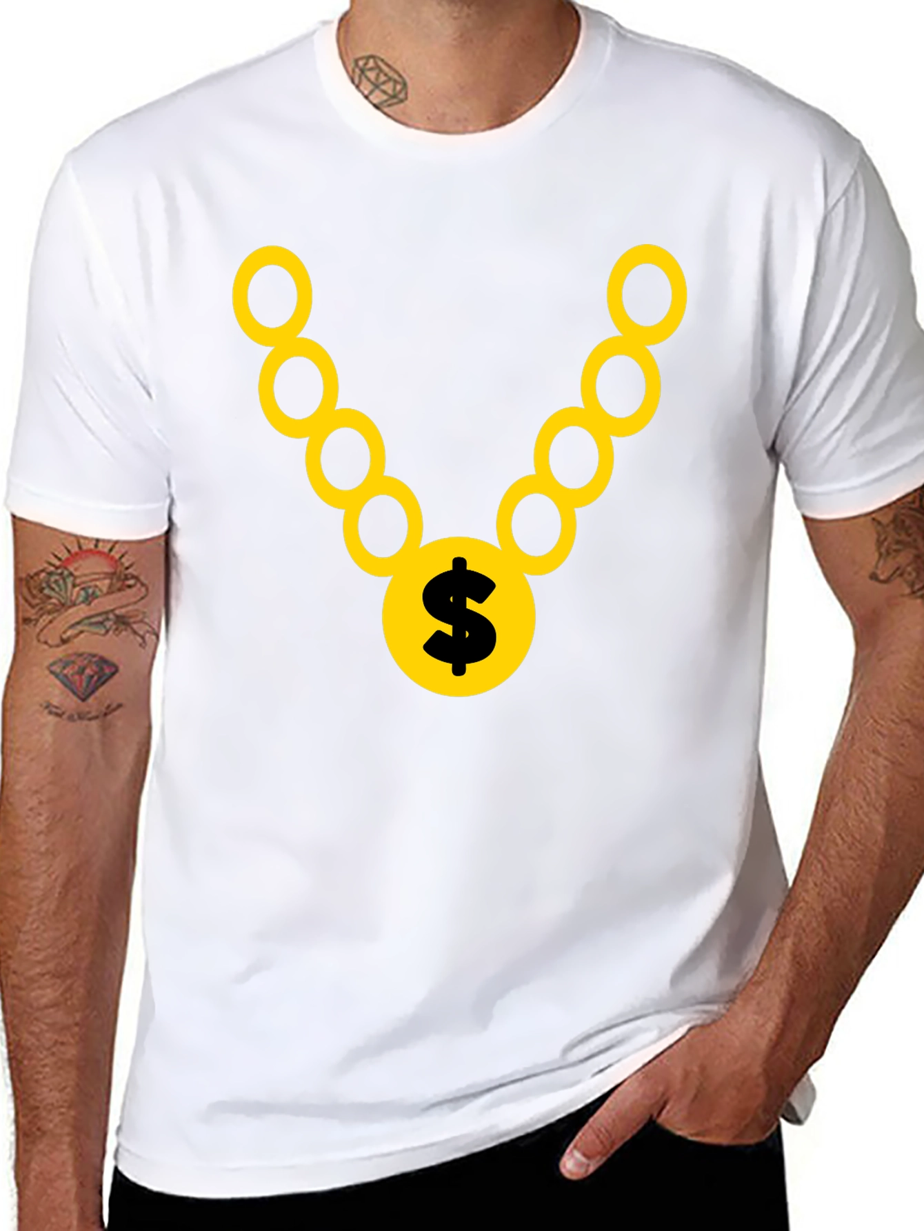 Black T-Shirt with Gold Chain and Dollar Sign