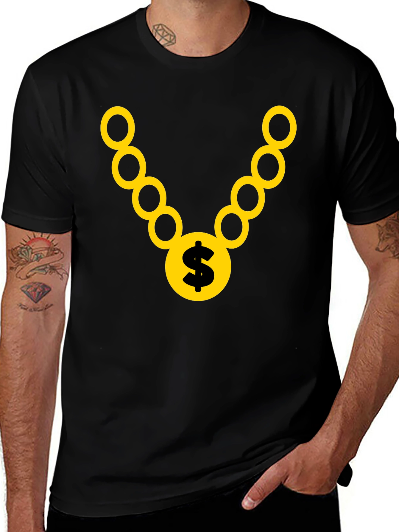 Black T-Shirt with Gold Chain and Dollar Sign