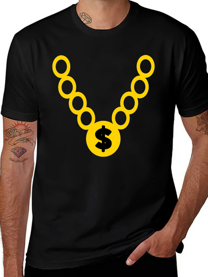 Black T-Shirt with Gold Chain and Dollar Sign