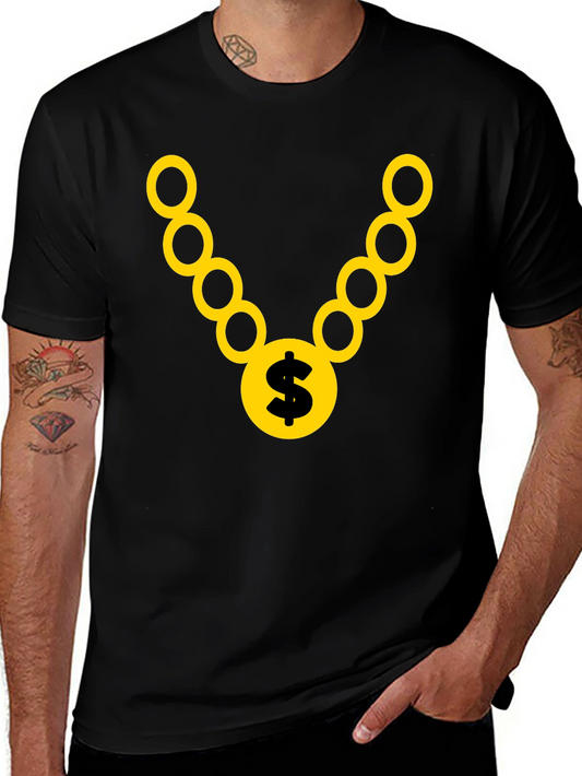 Black T-Shirt with Gold Chain and Dollar Sign