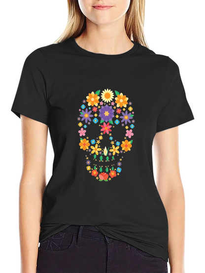 Floral Sugar Skull Graphic Black T-Shirt