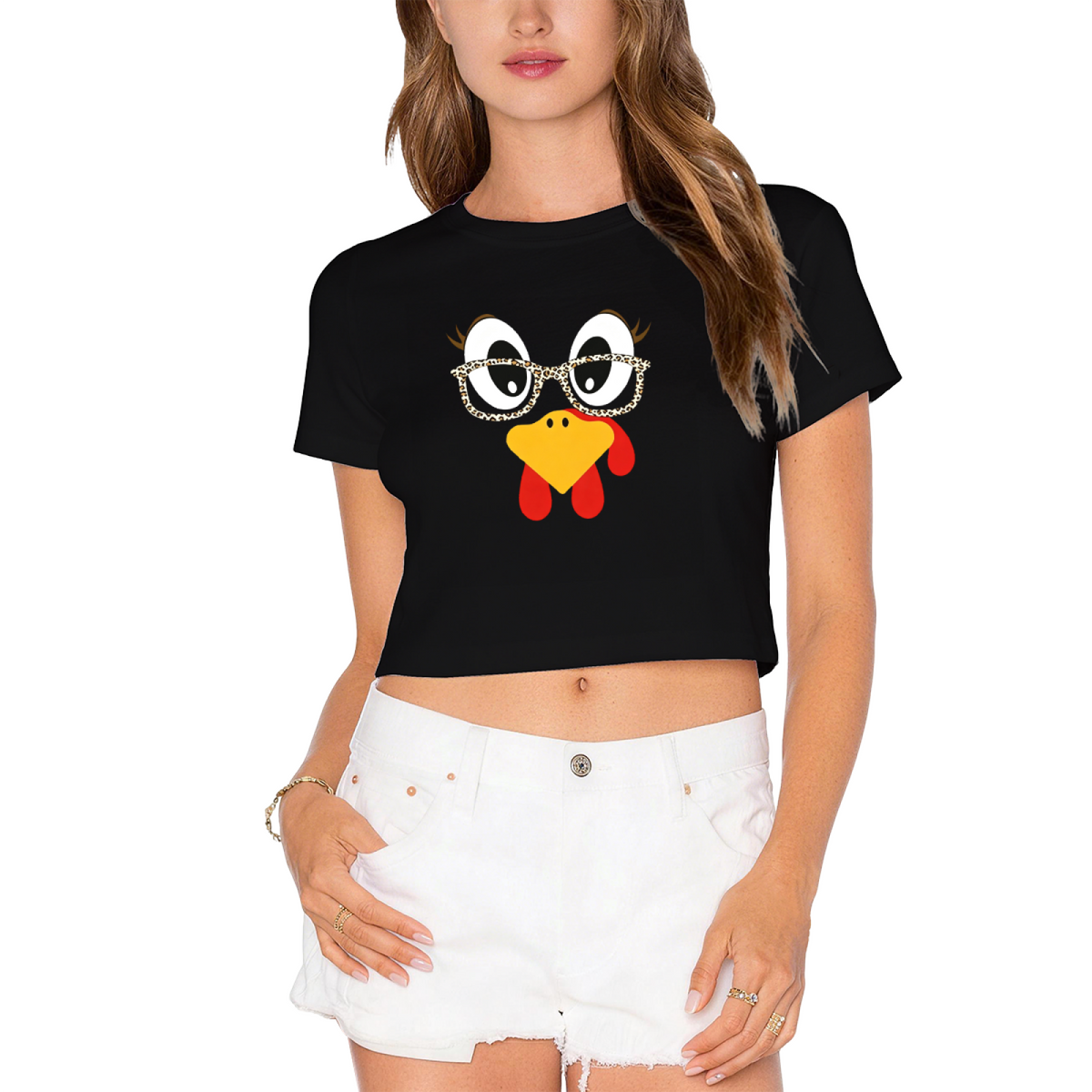 Cute Turkey Face Leopard Glasses Thanksgiving Crop Top