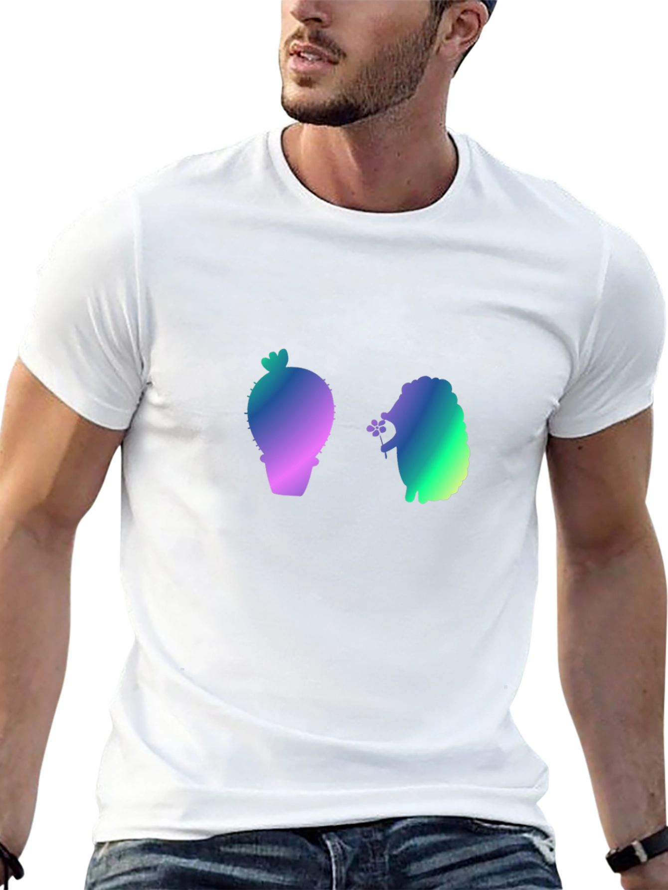 Gradient Cactus & Hedgehog Graphic Tee - Black