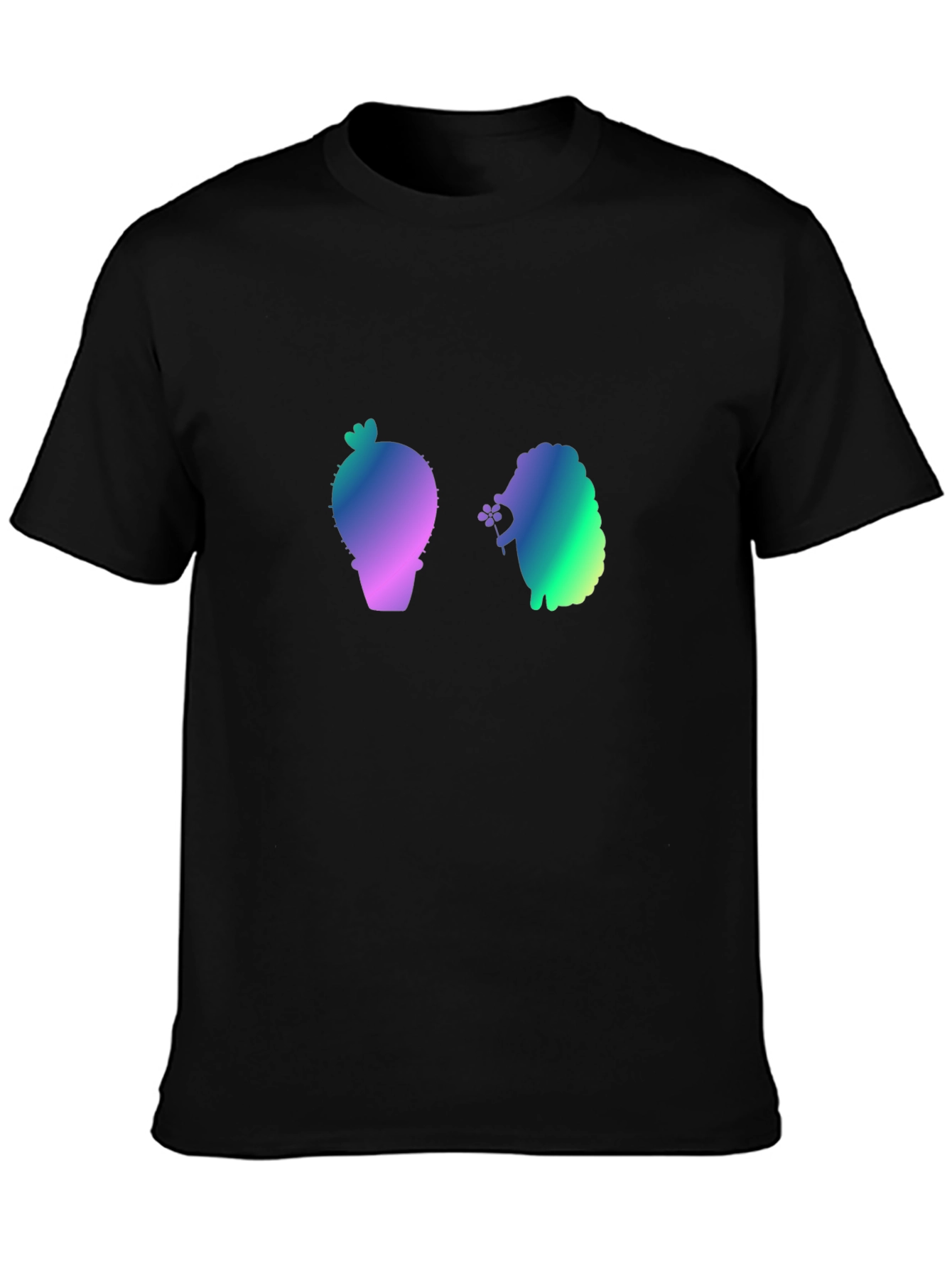 Gradient Cactus & Hedgehog Graphic Tee - Black