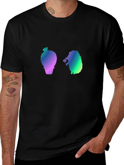 Gradient Cactus & Hedgehog Graphic Tee - Black