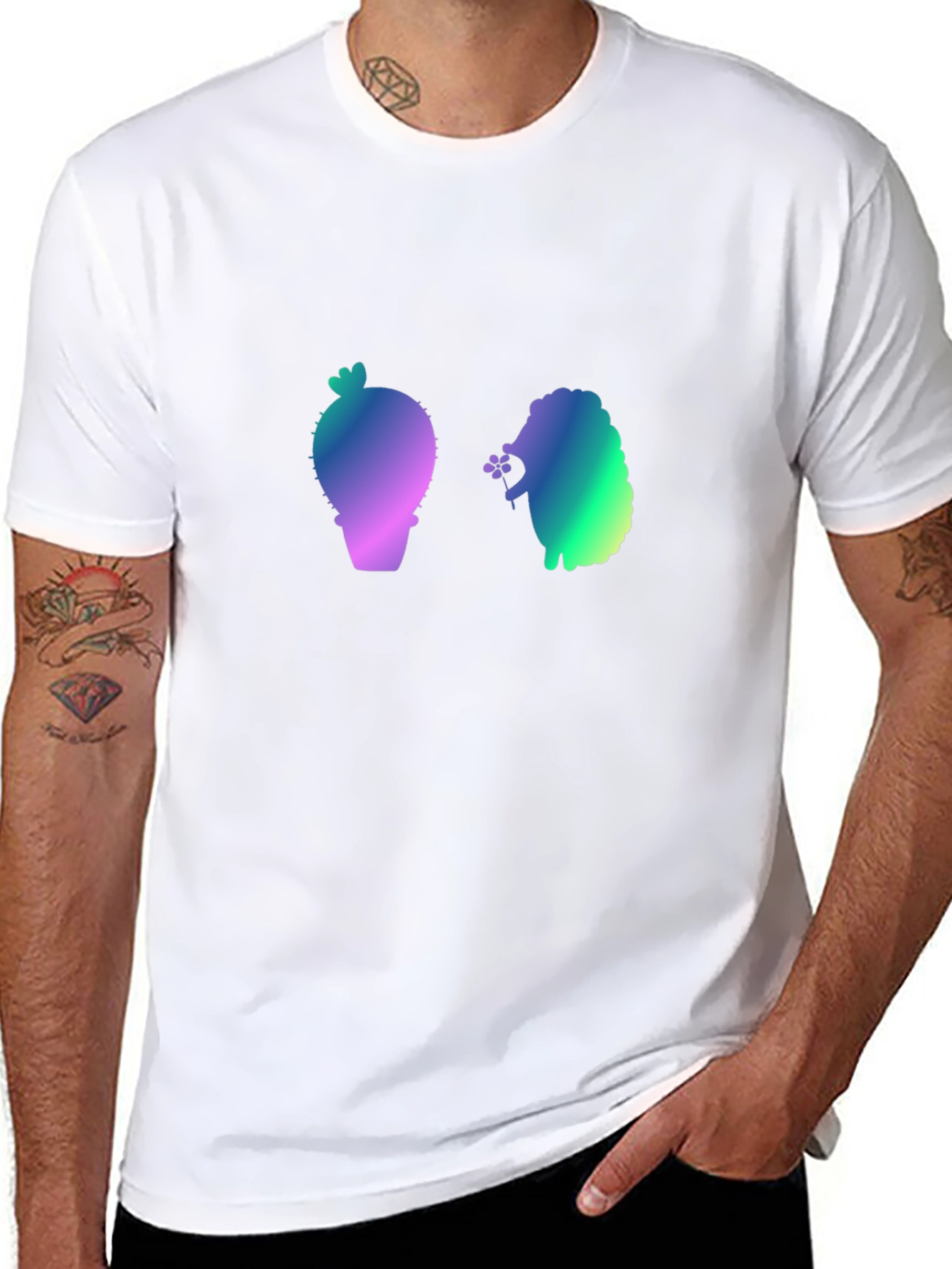 Gradient Cactus & Hedgehog Graphic Tee - Black