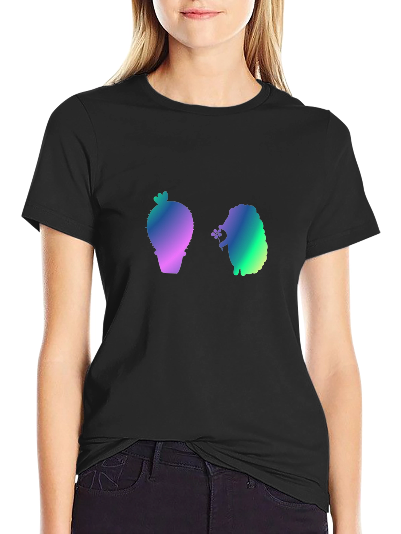 Gradient Cactus & Hedgehog Graphic Tee - Black