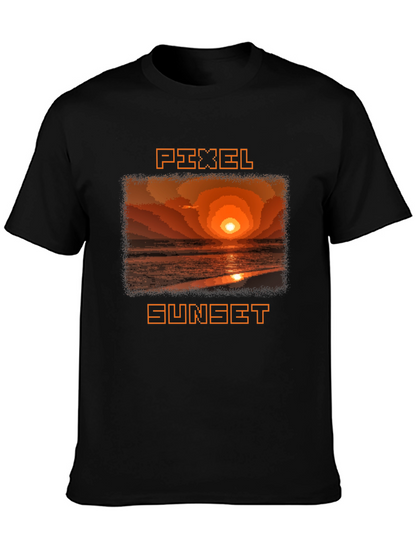 Pixel Sunset Graphic Tee - Retro Style Black T-Shirt