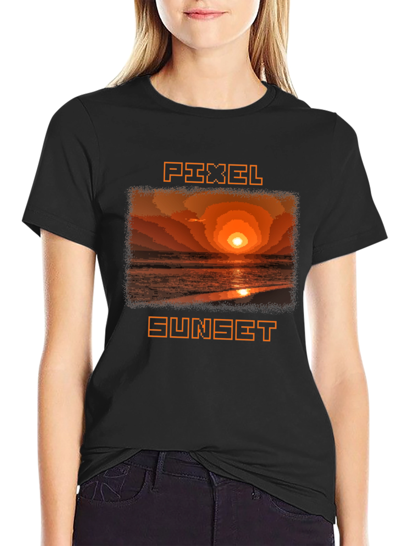 Pixel Sunset Graphic Tee - Retro Style Black T-Shirt