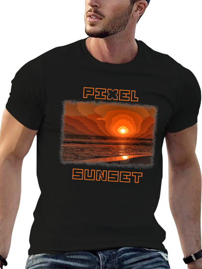 Pixel Sunset Graphic Tee - Retro Style Black T-Shirt