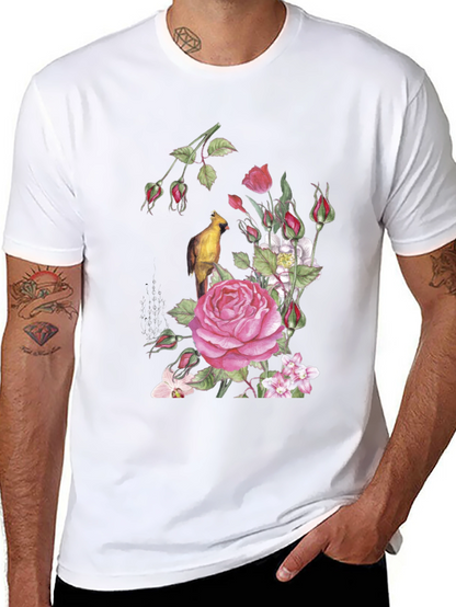 Floral Bird Print Black T-Shirt