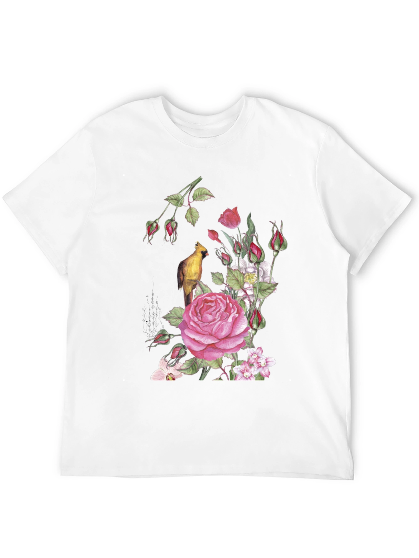 Floral Bird Print Black T-Shirt