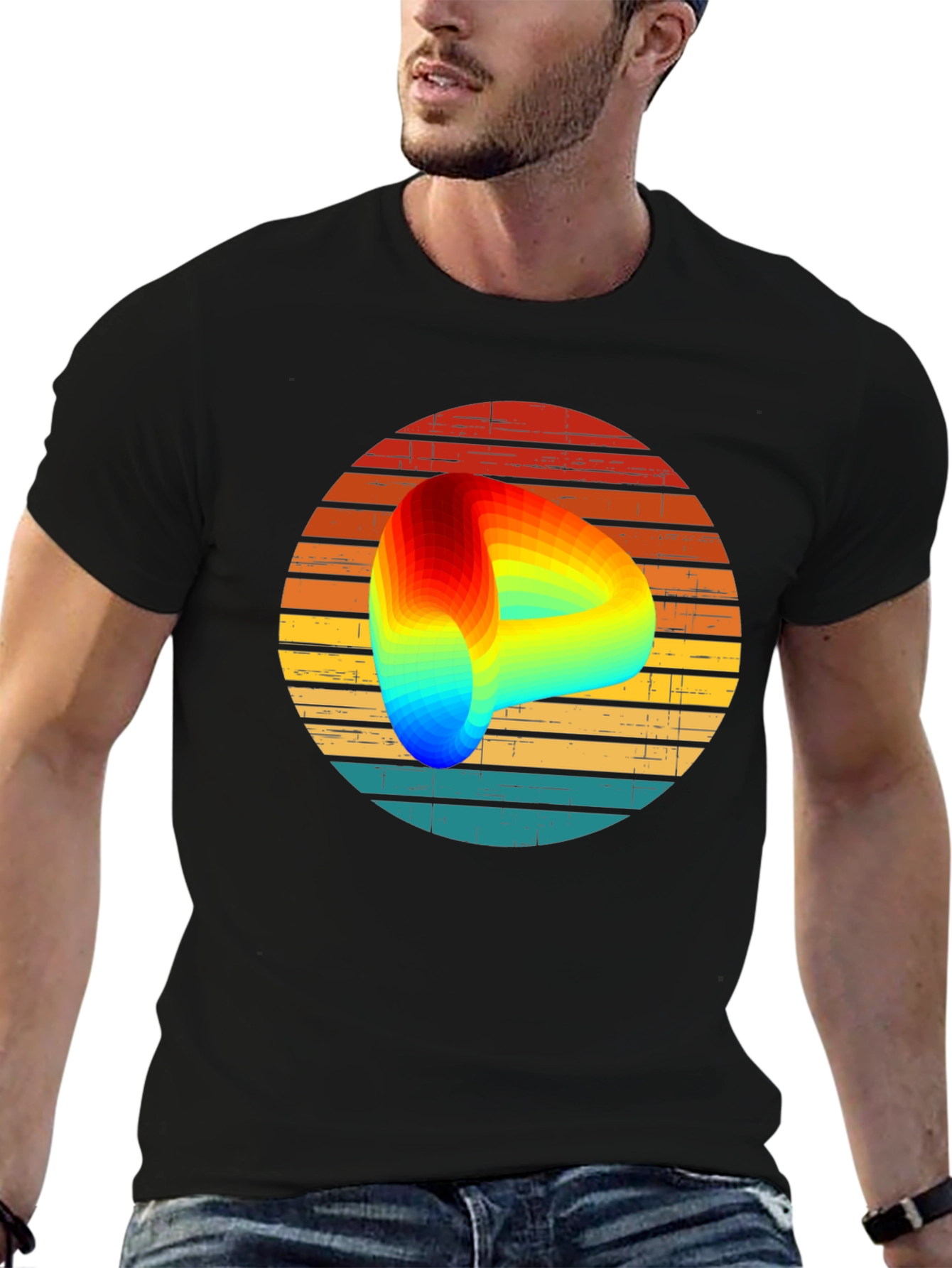 Retro Graphic Tee with Rainbow Swirl Design