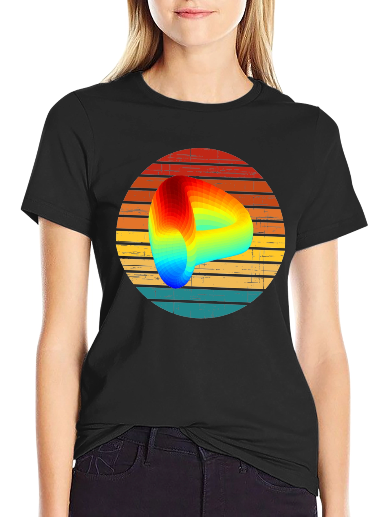 Retro Graphic Tee with Rainbow Swirl Design