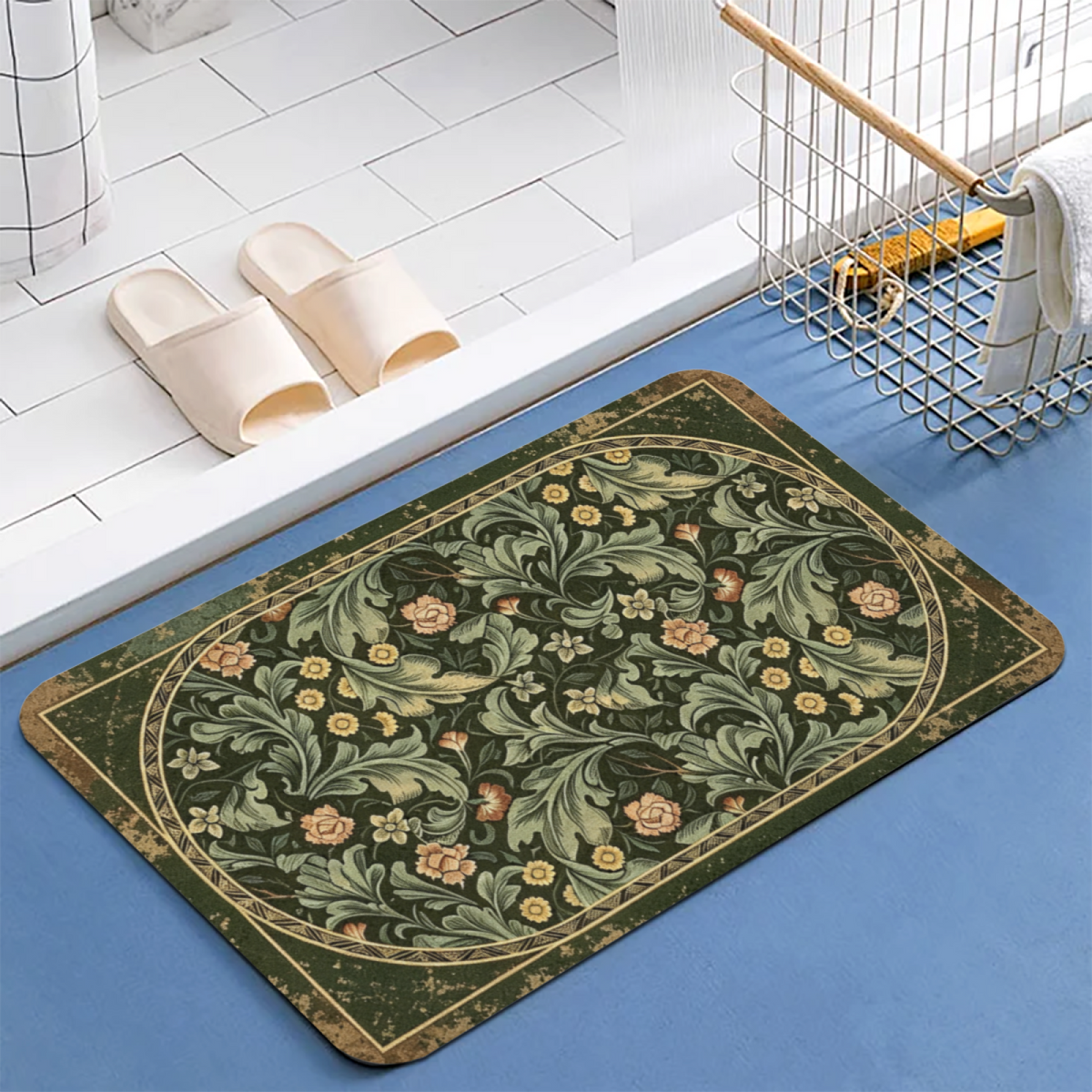 Vintage Morris Floral Diatomite Mat£üAmerican Vintage Morris Floral Diatomite Mat, Retro Style Quick Dry Absorbent Non?Slip Bathroom Rug