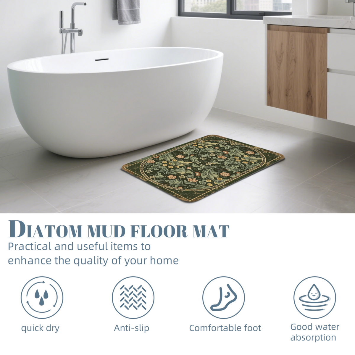 Vintage Morris Floral Diatomite Mat£üAmerican Vintage Morris Floral Diatomite Mat, Retro Style Quick Dry Absorbent Non?Slip Bathroom Rug