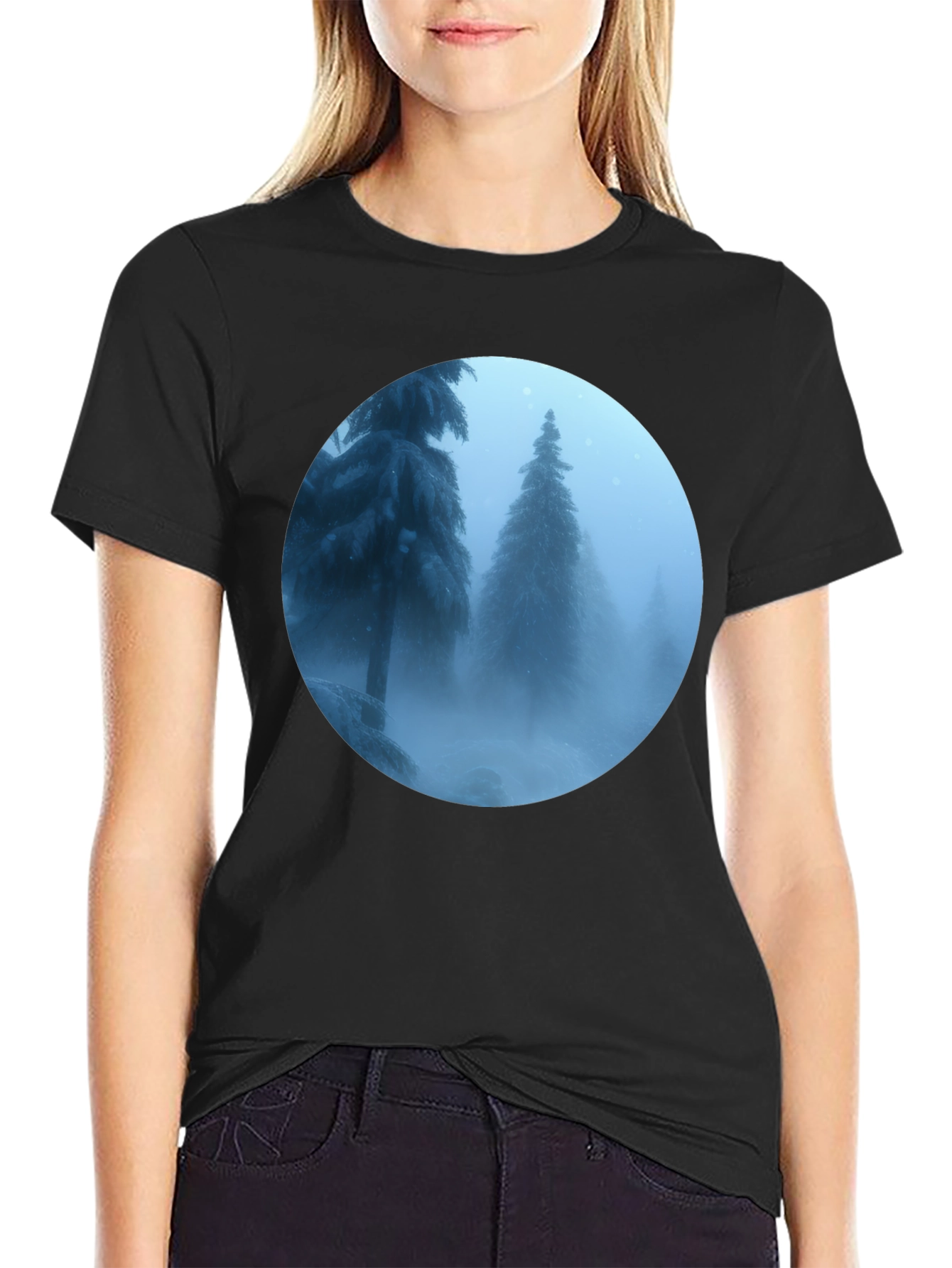 Winter Forest Scene Black T-Shirt