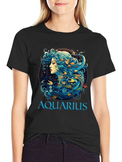 Aquarius Zodiac T-Shirt Black Cotton Tee