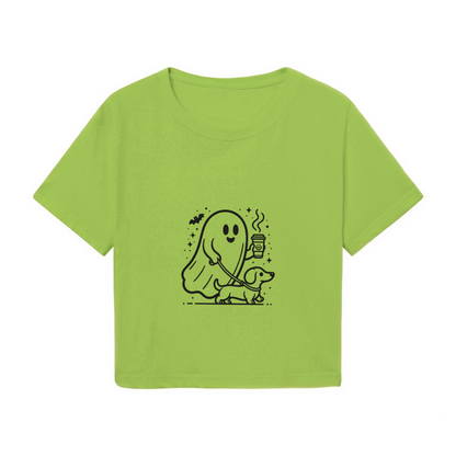 Cute Ghost Walking Dog Coffee Lover Halloween Crop Top
