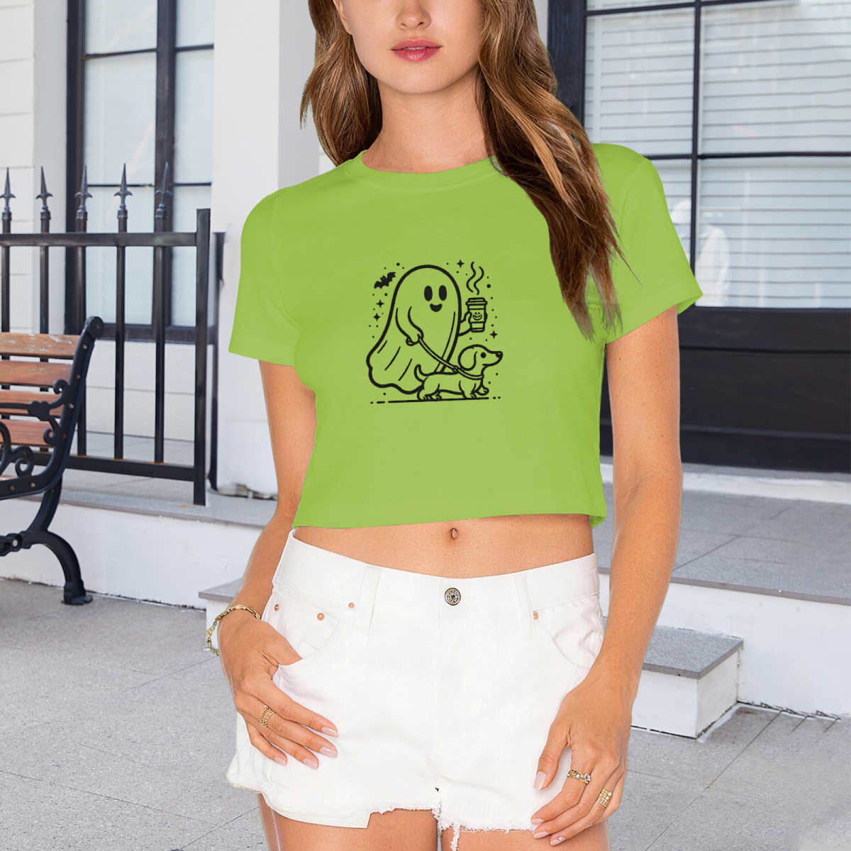 Cute Ghost Walking Dog Coffee Lover Halloween Crop Top