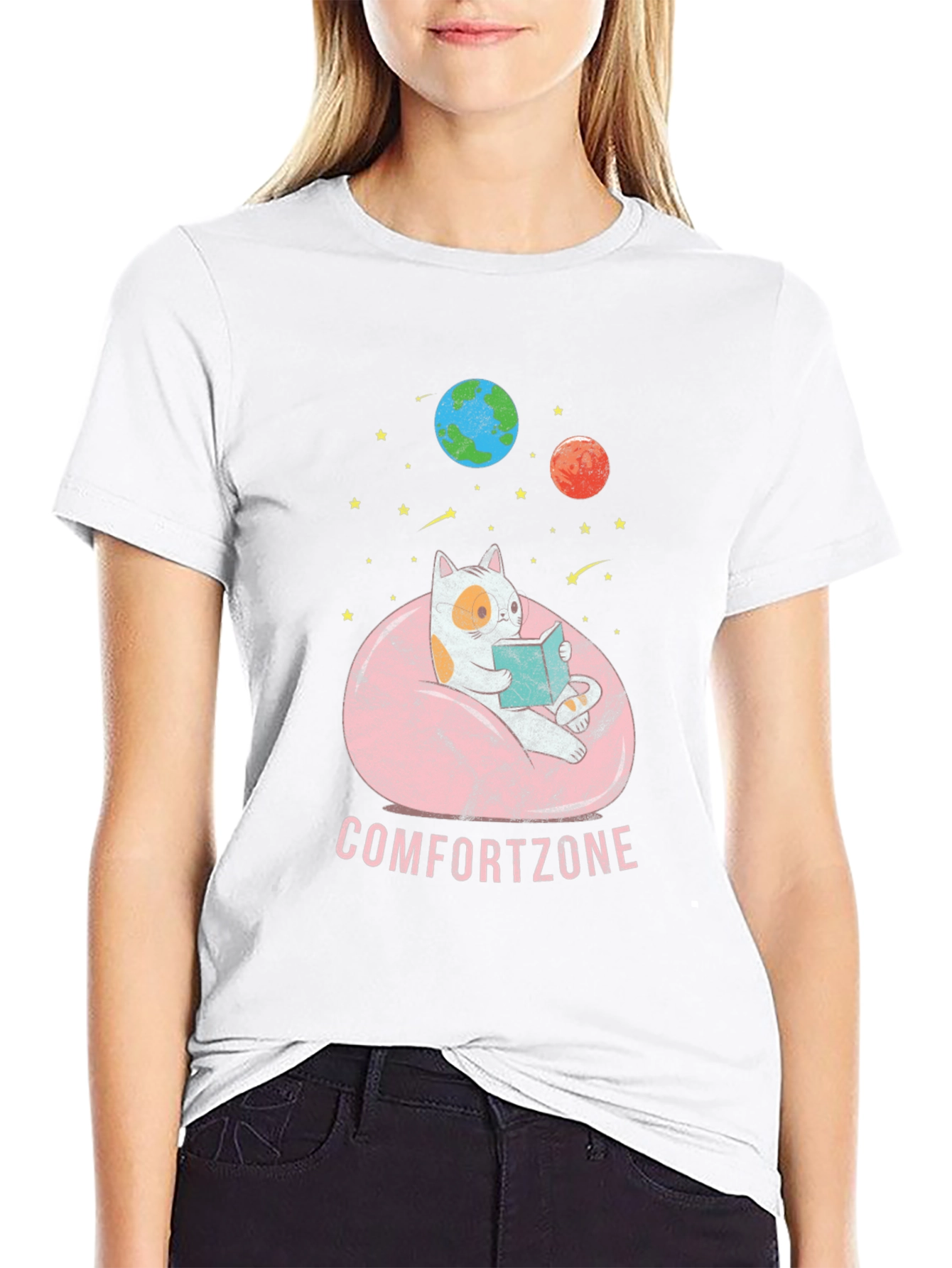 Comfort Zone Cat Reading in Space T-Shirt