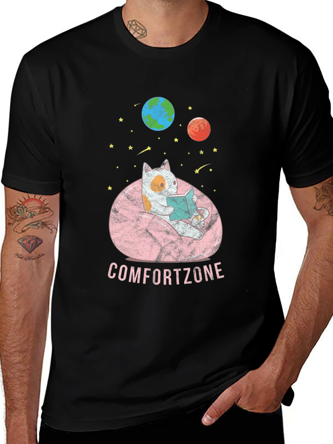 Comfort Zone Cat Reading in Space T-Shirt