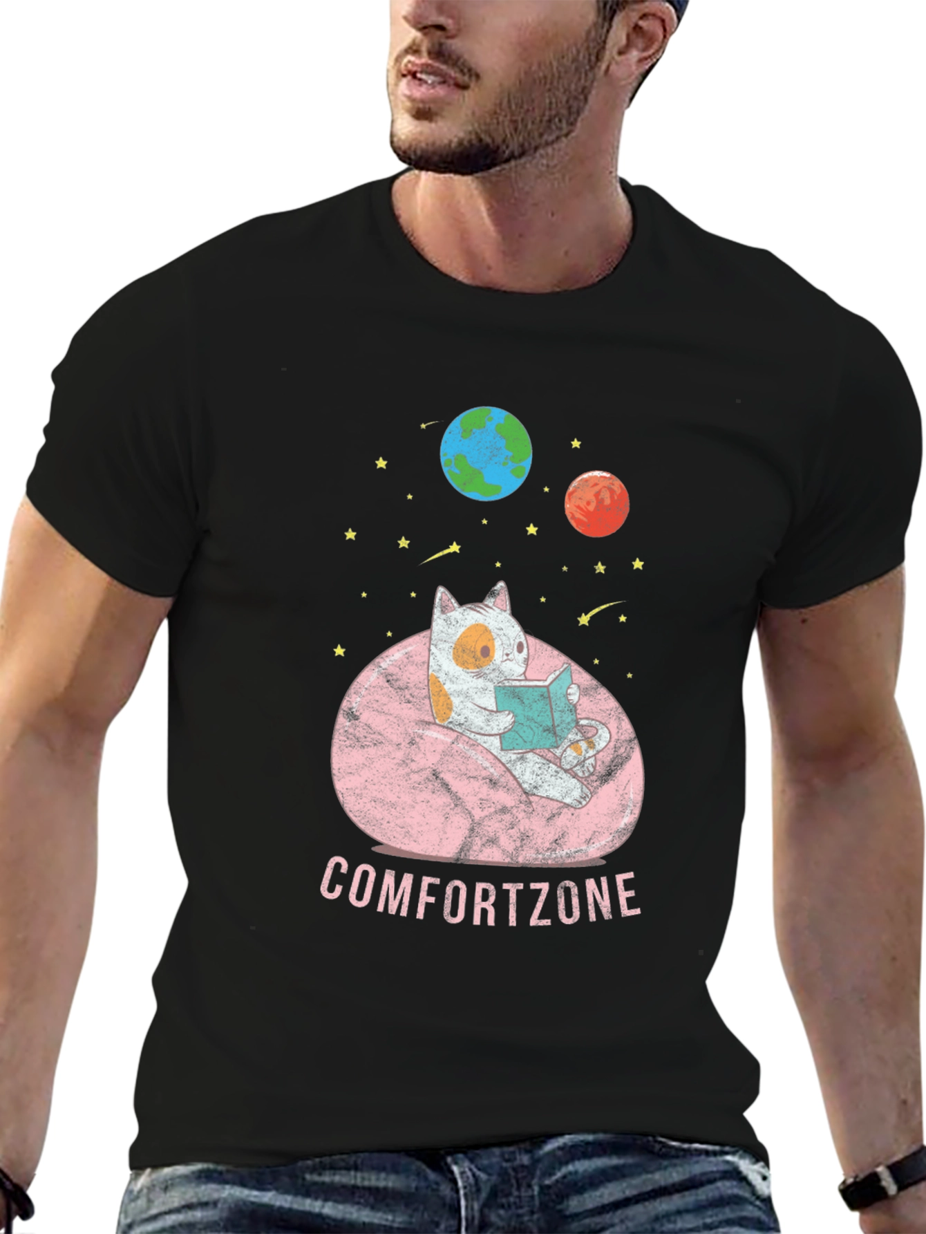 Comfort Zone Cat Reading in Space T-Shirt