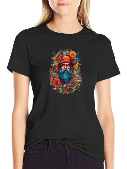 Floral Bearded Man Black T-Shirt