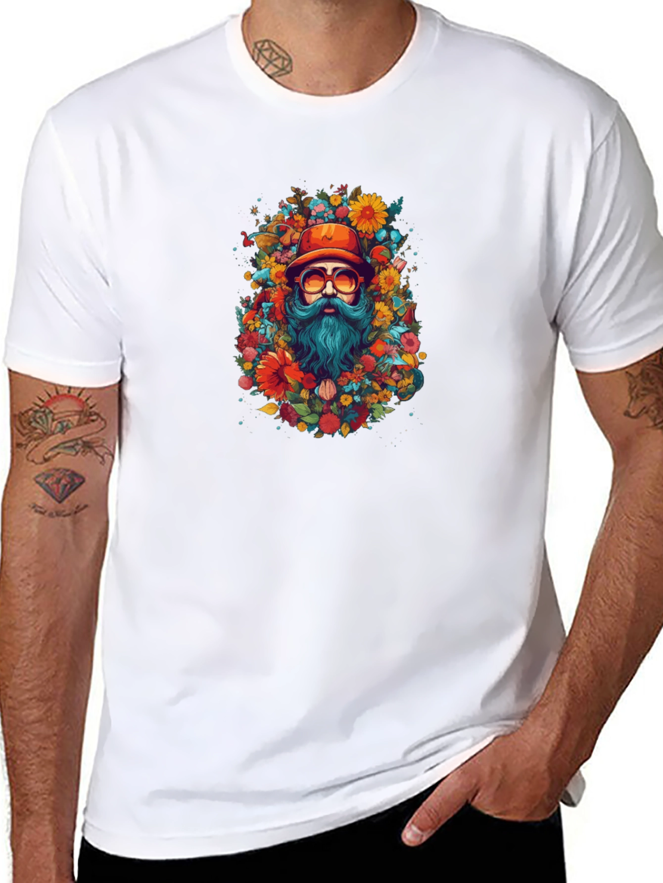 Floral Bearded Man Black T-Shirt