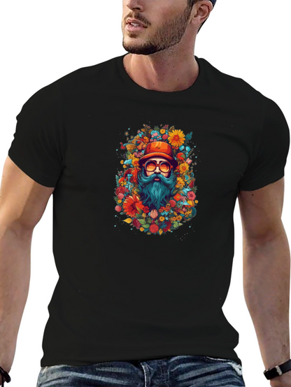 Floral Bearded Man Black T-Shirt