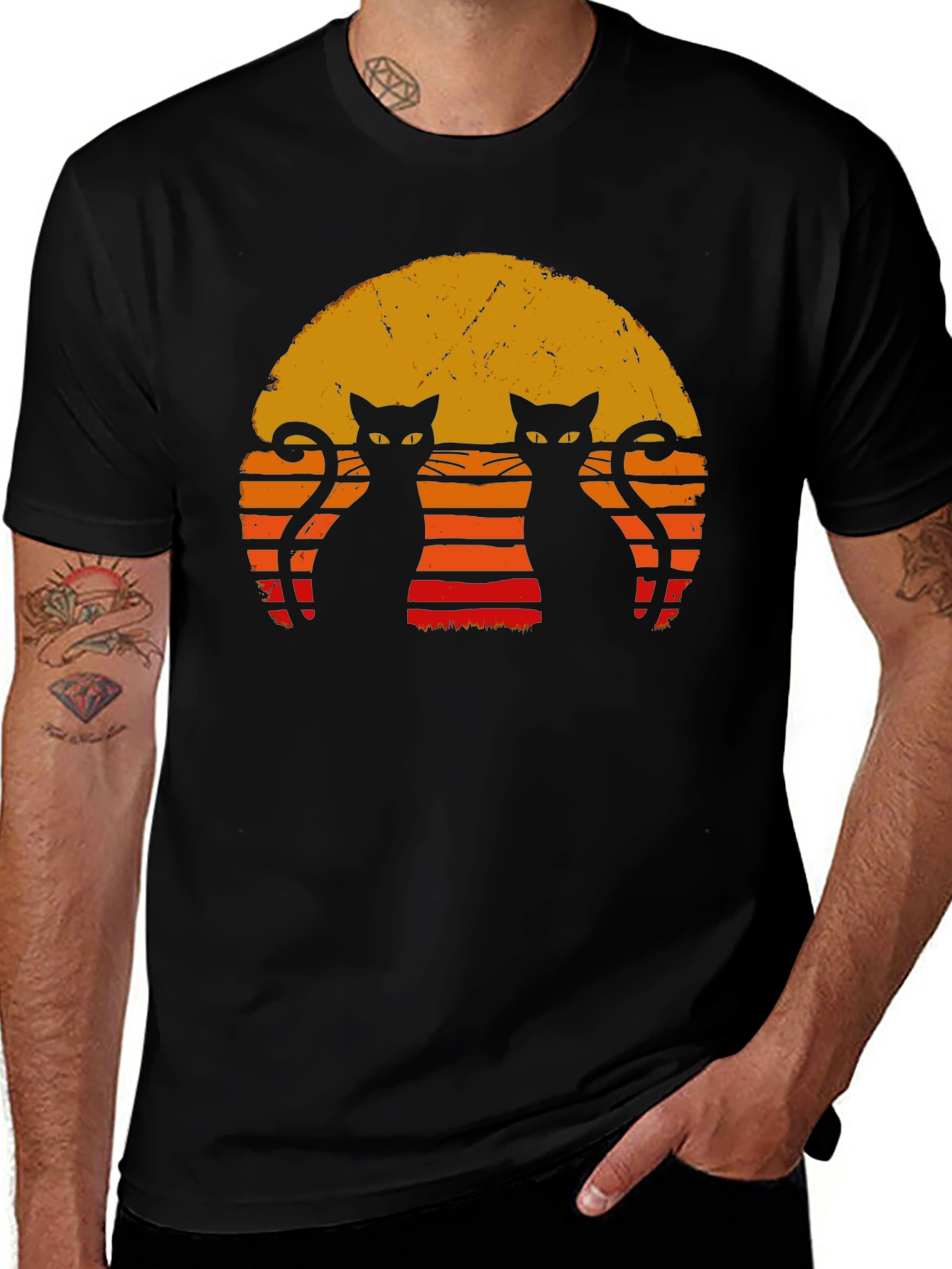 Retro Cat Sunset T-Shirt - Black