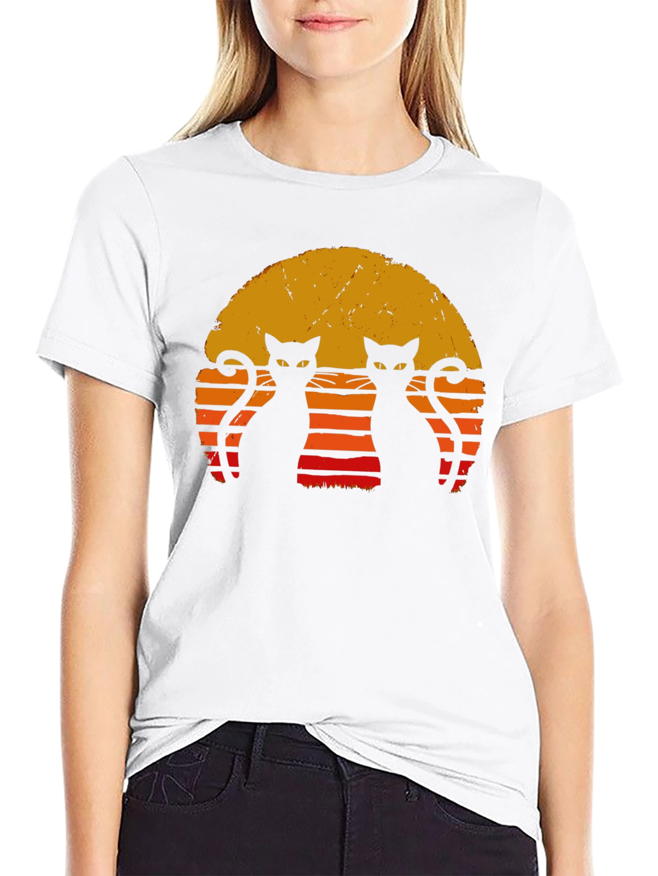 Retro Cat Sunset T-Shirt - Black