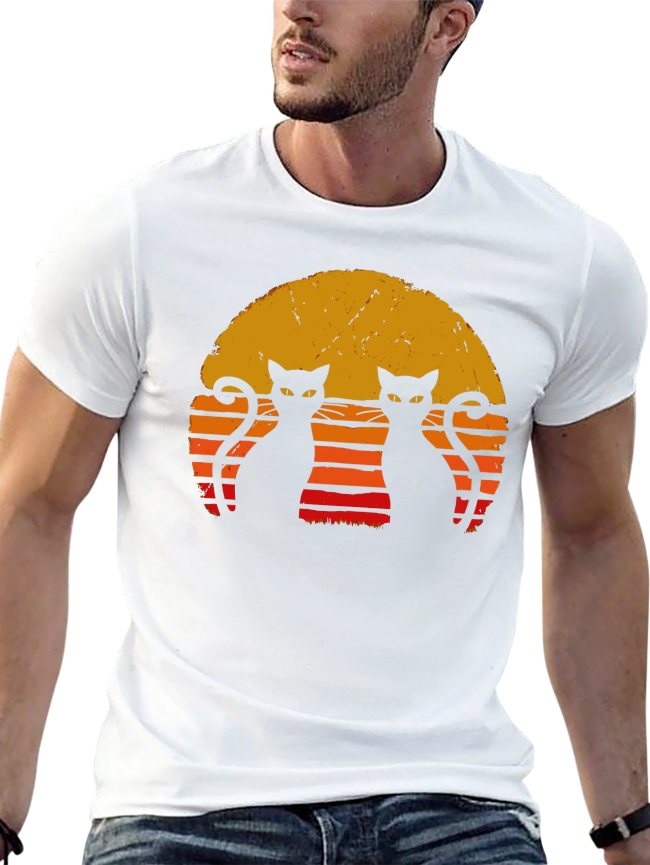 Retro Cat Sunset T-Shirt - Black