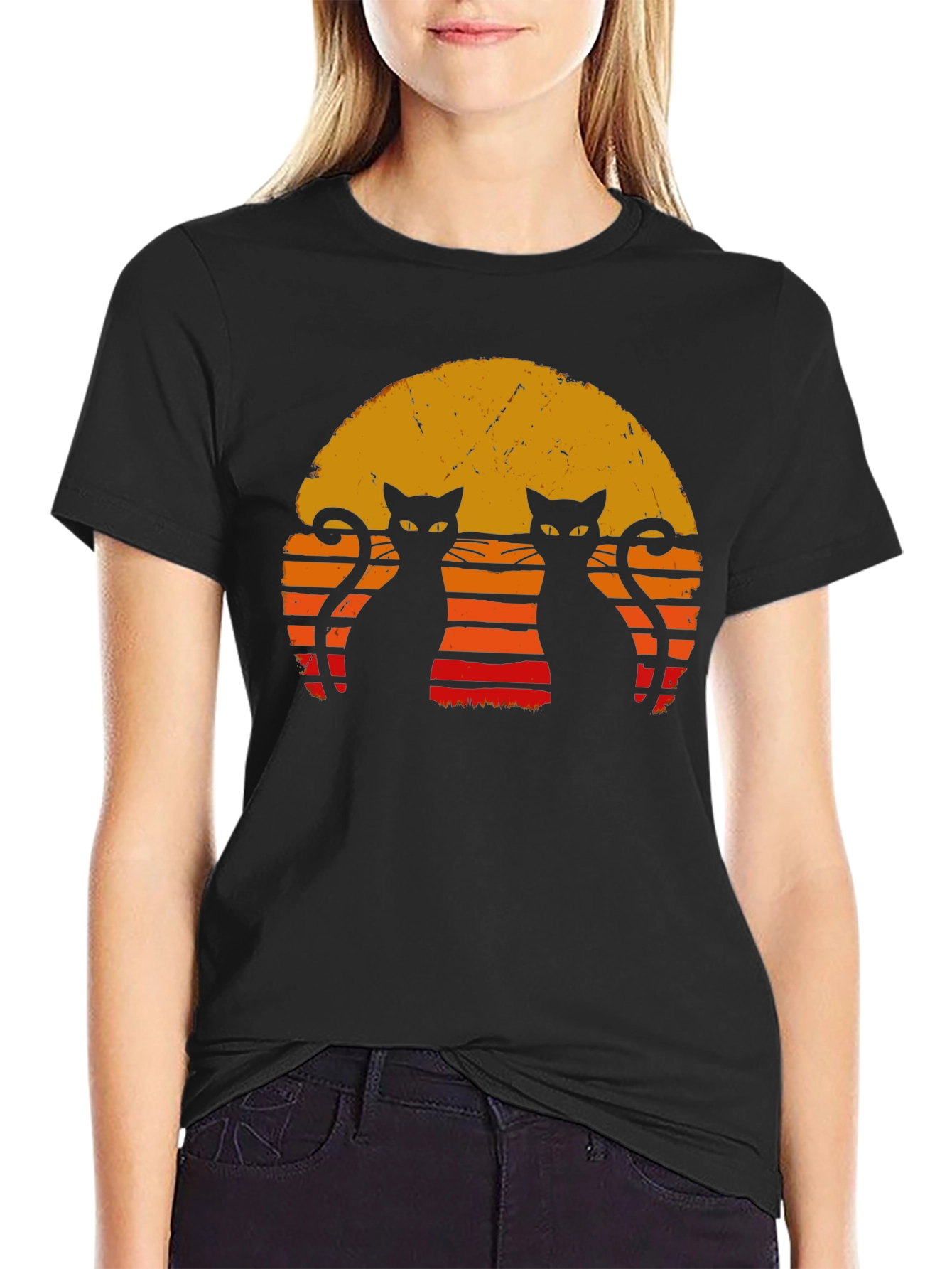 Retro Cat Sunset T-Shirt - Black