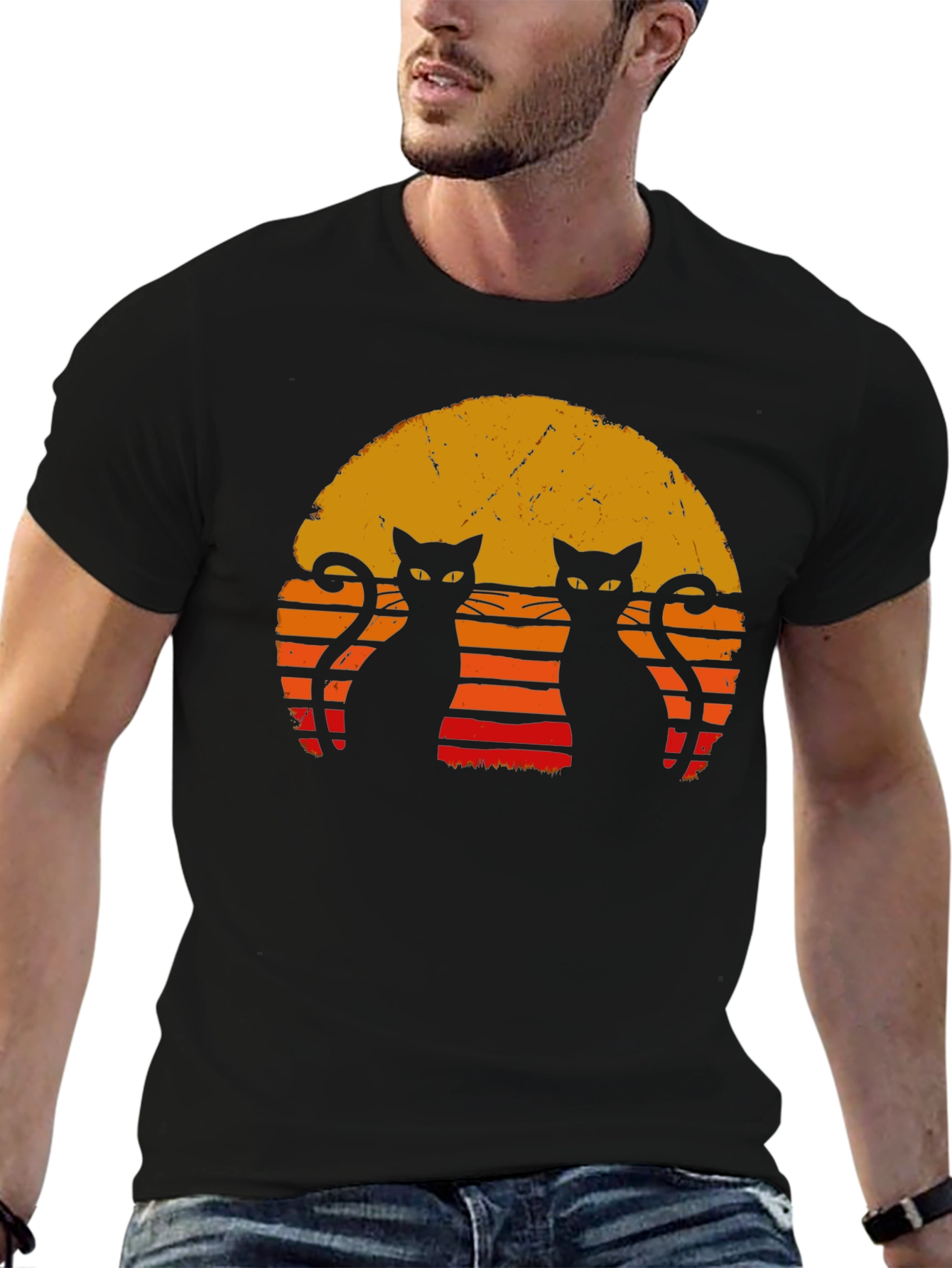 Retro Cat Sunset T-Shirt - Black
