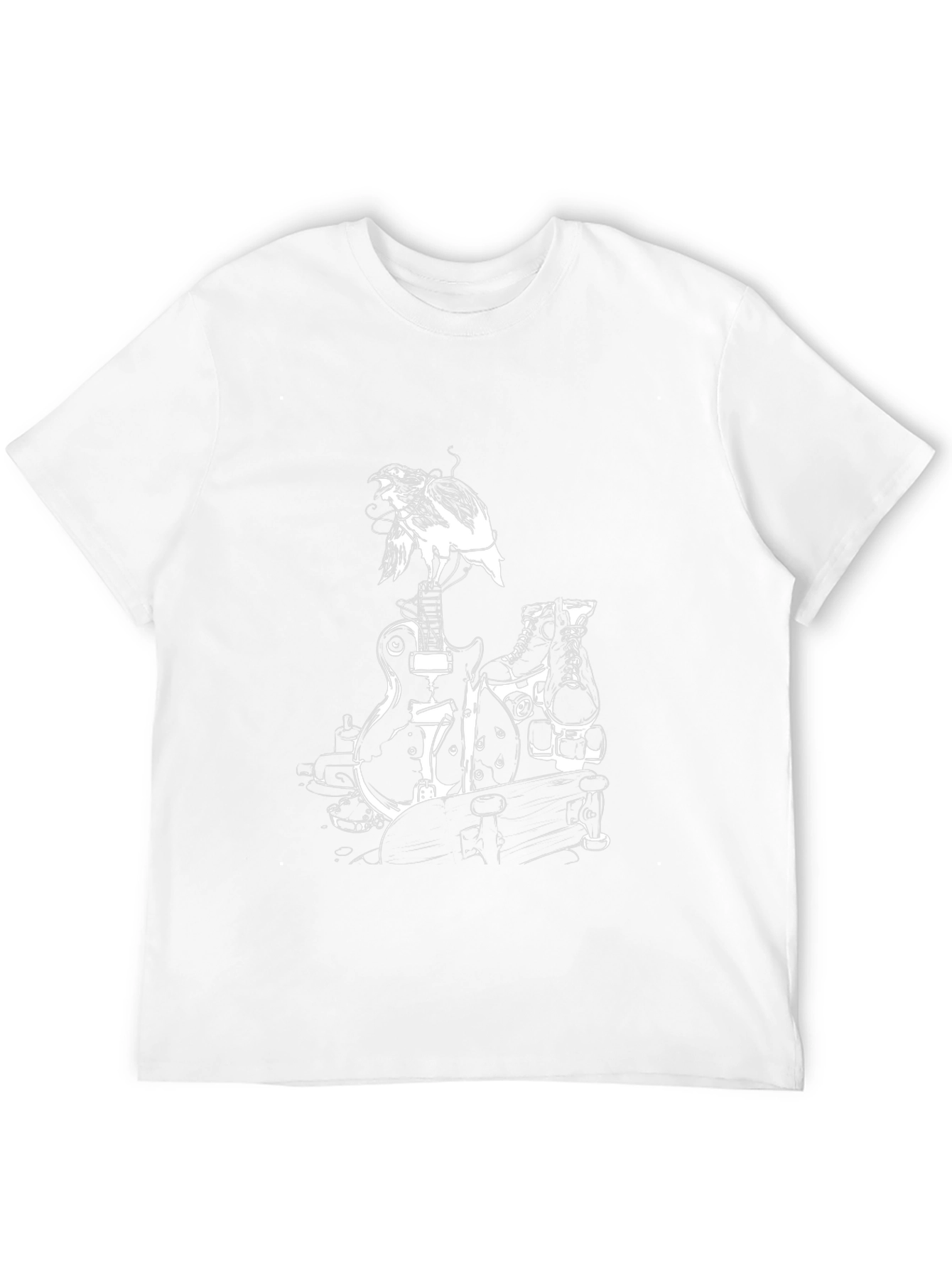 Black Graphic Tee: Bird Guitar Skates Skateboard