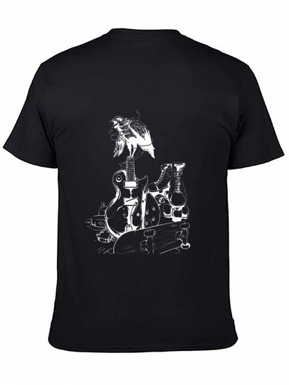 Black Graphic Tee: Bird Guitar Skates Skateboard