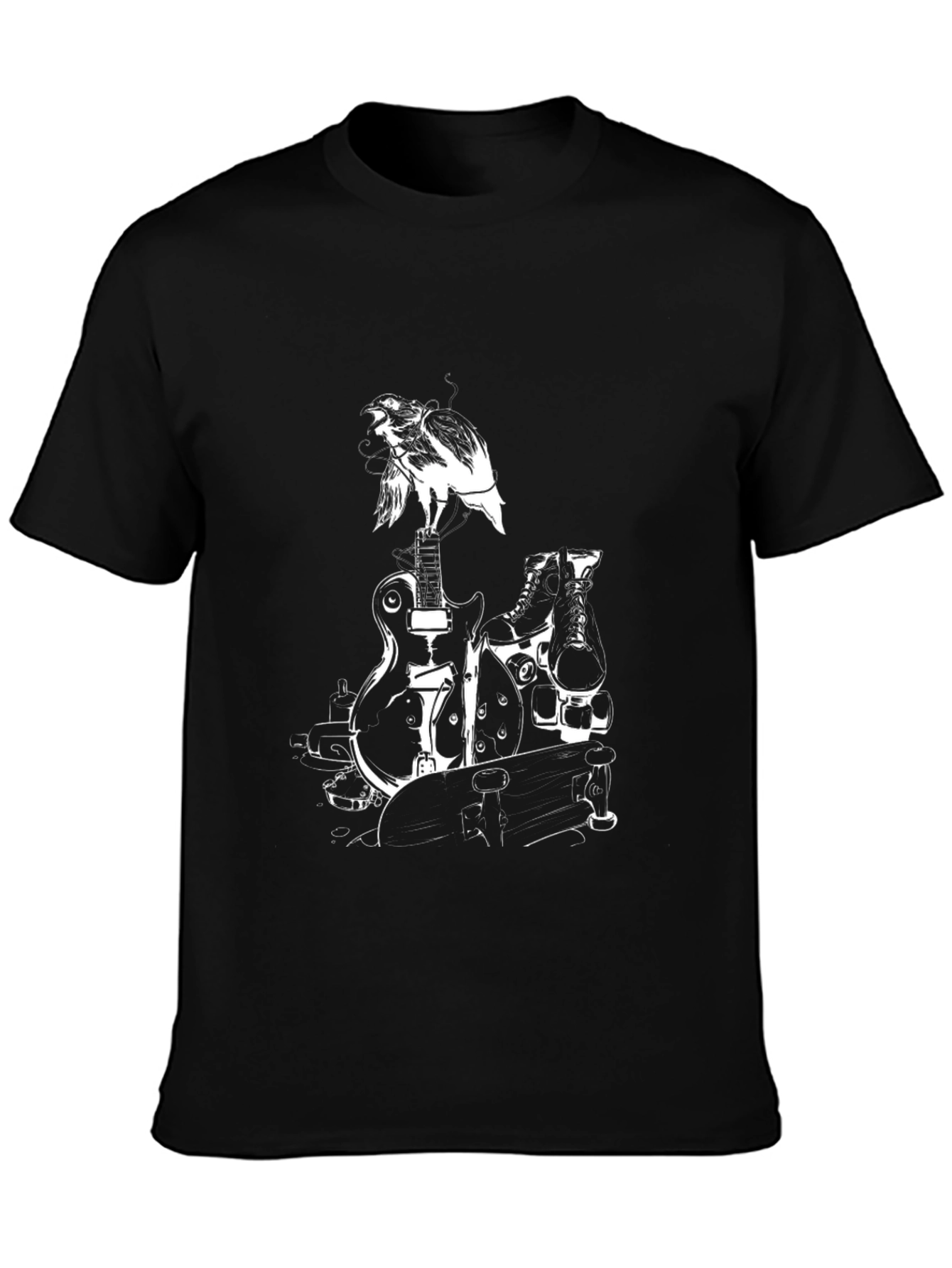 Black Graphic Tee: Bird Guitar Skates Skateboard