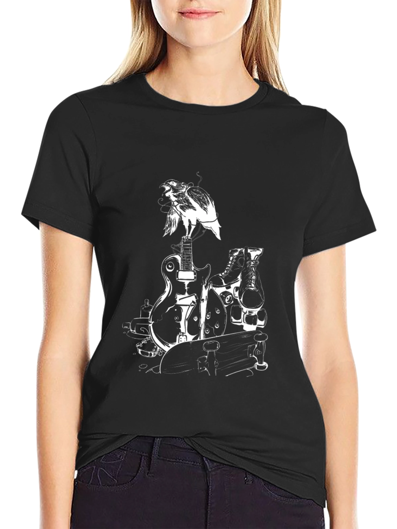 Black Graphic Tee: Bird Guitar Skates Skateboard